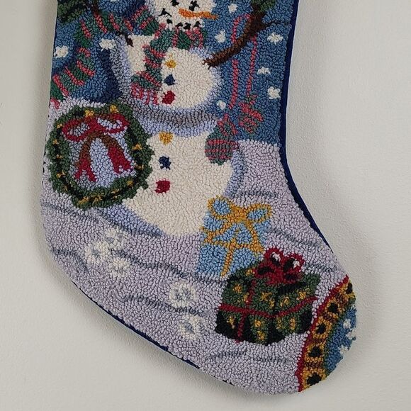 Wool Needlepoint Snowman Christmas Stocking Cotton Velvet Backing Vintage - Picture 3 of 7